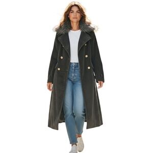 MICHAEL KORS Corduroy Maxi Trench Coat Faux Fur Collar Gold Buttons Size M